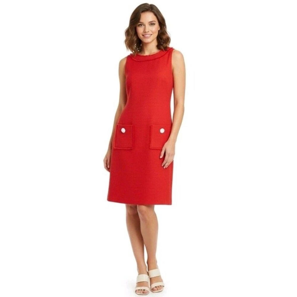 Karl Lagerfeld Paris Red Tweed Shift Dress Fringed Pocket Floral Button Size 12